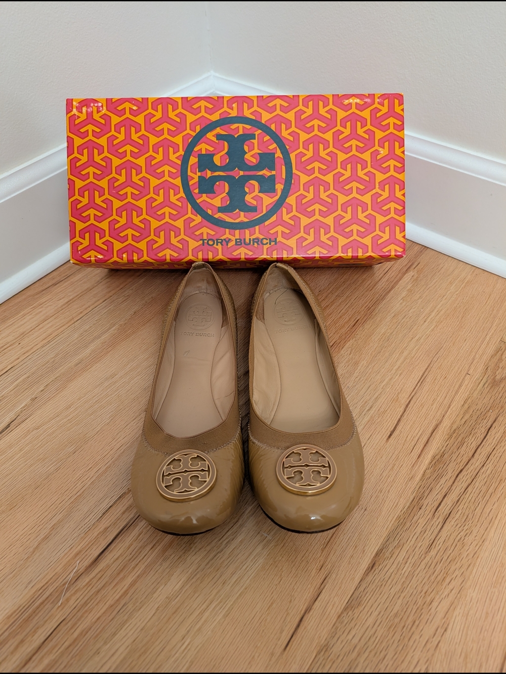 Tory Burch Camel/Tan Logo Cap-Toe Ballet Flats